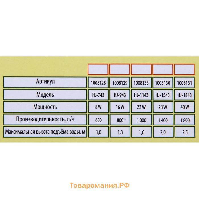 Фонтан садовый HJ-943, 16 Вт, h = 1.3 м, 800 л/ч, шнур 4.9 м