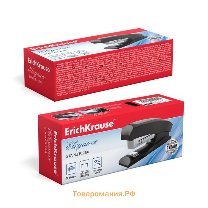 Степлер ErichKrause Elegance Half-strip №24/6 и 26/6, до 30 листов, вмещает до 100 скоб, глубина закладки бумаги до 55 мм, черный