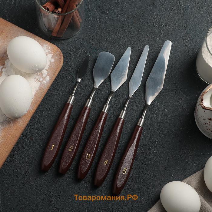 Лопатки - мастихины кондитерские , 22×2×1.5 см, набор 5 шт., нержавеющая сталь, деревянная ручка, коричневые