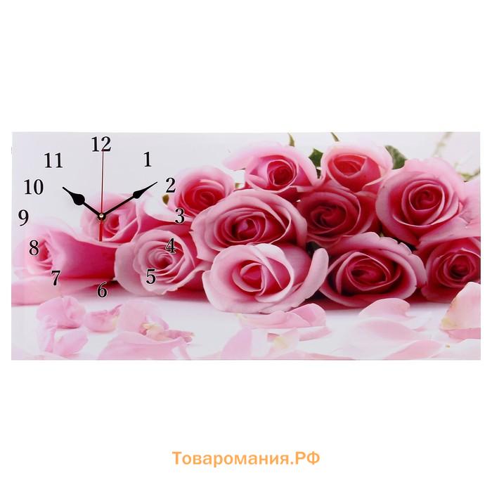 Часы=картина настенные, на холсте, интерьерные «Нежные розы», бесшумные, 40×76 см