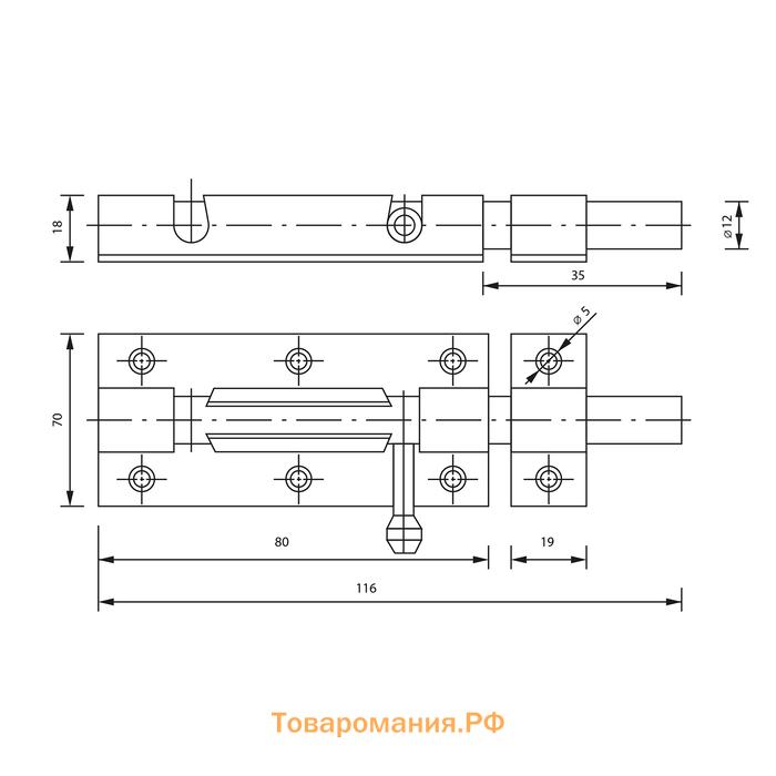 Задвижка дверная, 120 мм по основанию, под навесной замок, оцинкованная