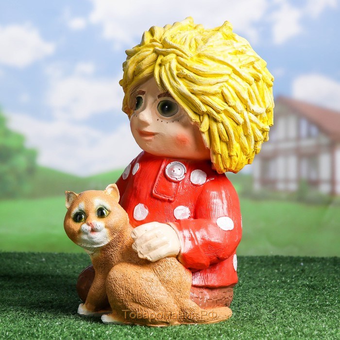 Садовая фигура из полистоуна «Домовой с котом», 39×26×28 см