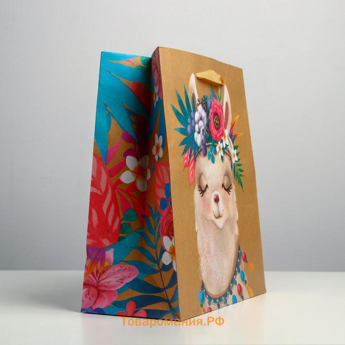 Пакет подарочный крафтовый вертикальный, упаковка, «Лама», ML 23 х 27 х 11,5 см