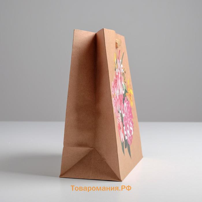 Пакет подарочный крафтовый вертикальный, упаковка, «Love and flowers», 23 х 27 х 11,5 см