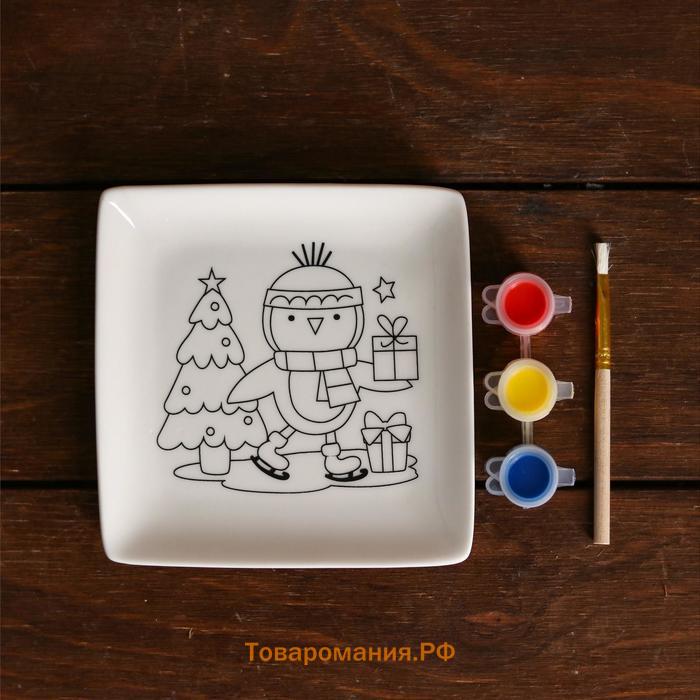 Набор тарелка под раскраску «Пингвин с подарками» краска 3 цв по 2 мл, кисть