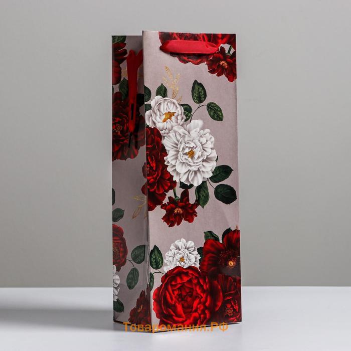 Пакет подарочный ламинированный под бутылку, упаковка, «Flowers», 13 x 36 x 10 см