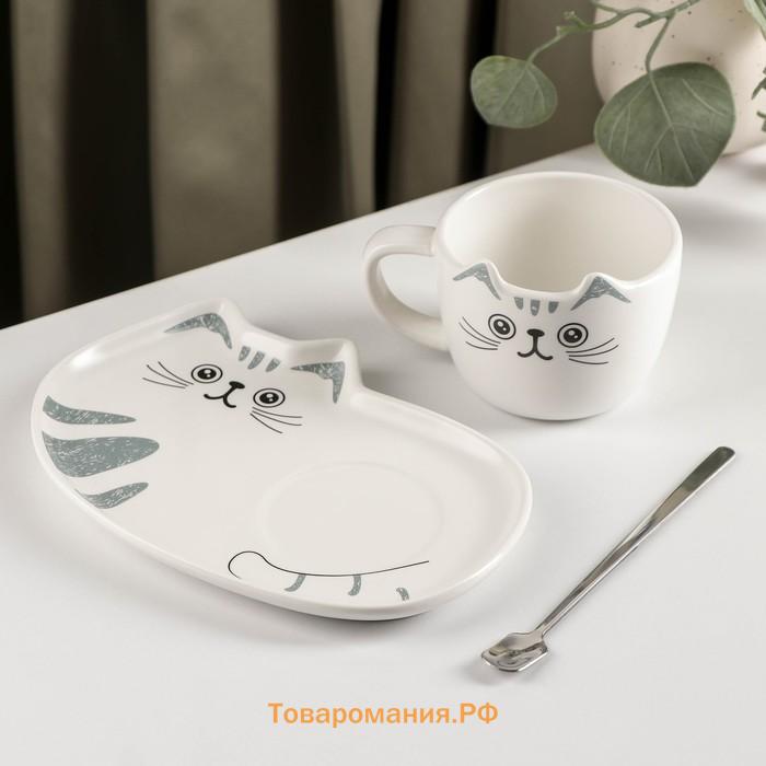 Чайная пара «Котик», 3 предмета: чашка 200 мл, блюдце 18.5×13.5 см, ложка, керамика