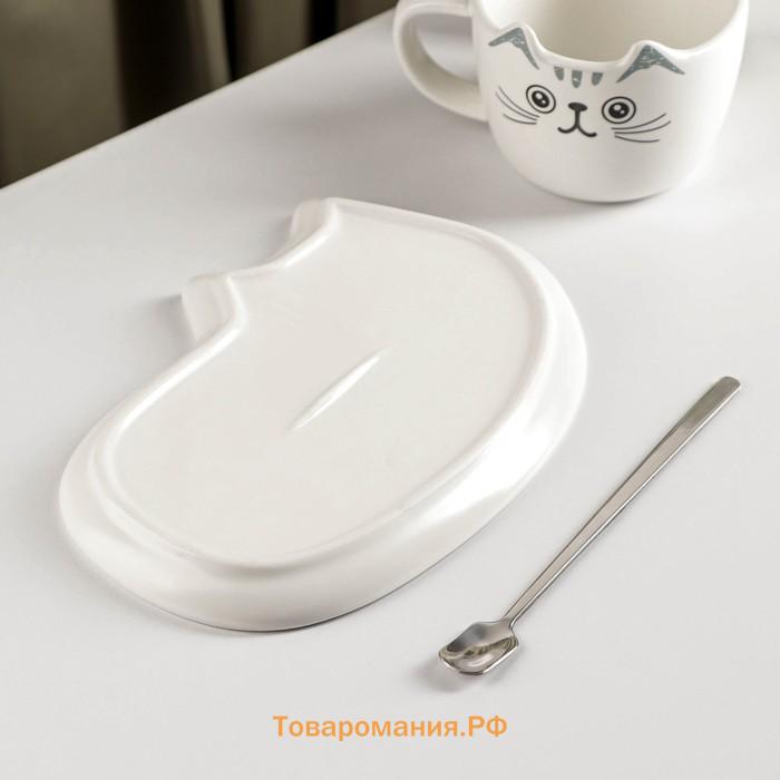 Чайная пара «Котик», 3 предмета: чашка 200 мл, блюдце 18.5×13.5 см, ложка, керамика