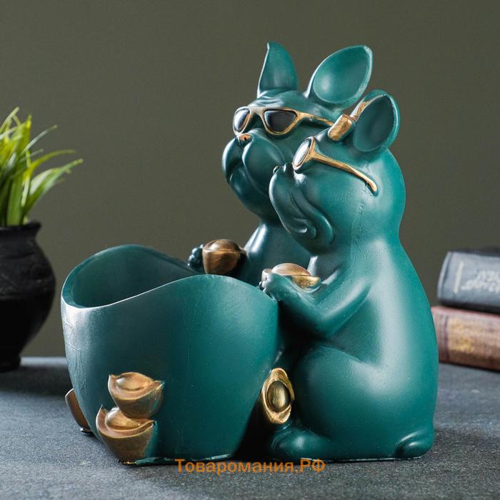 Подставка для мелочей «Фигурка. Два бульдога», полистоун, зелёная, 21×19×19 см