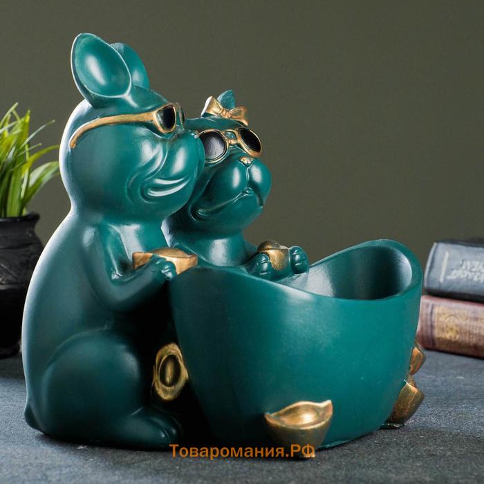 Подставка для мелочей «Фигурка. Два бульдога», полистоун, зелёная, 21×19×19 см