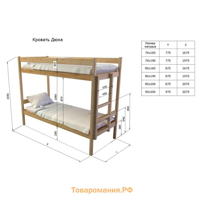 Двухъярусная кровать «Дюна», 70 × 190 см, массив сосны