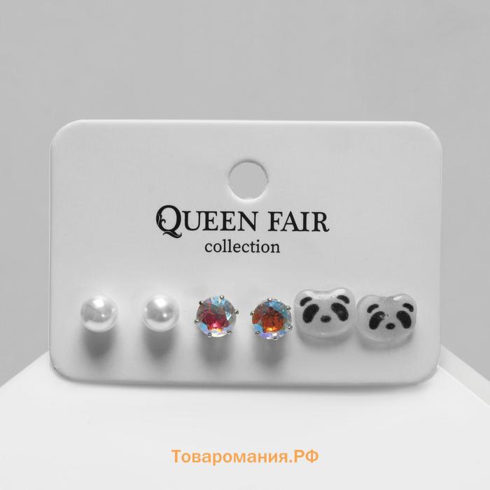 Серьги пусеты QF «Летние истории», 3 пары, панда, цвет чёрно-белый в серебре