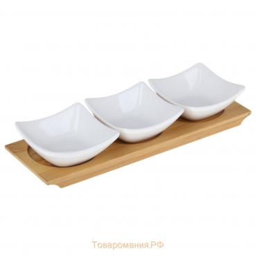 Набор салатников керамических на деревянной подставке «Эстет», 3 предмета: 60 мл, цвет белый