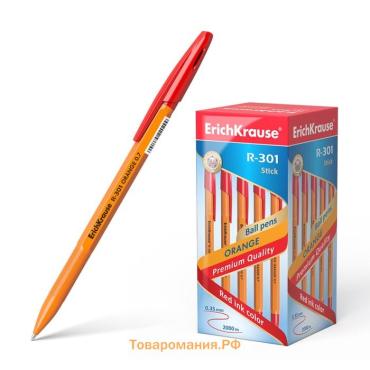 Ручка шариковая ErichKrause R-301 Orange Stick, узел 0.7 мм, чернила красные, длина линии письма 2000 метров, штрихкод на ручке