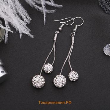 Серьги висячие со стразами «Шамбала», белые в серебре, 6.5 см