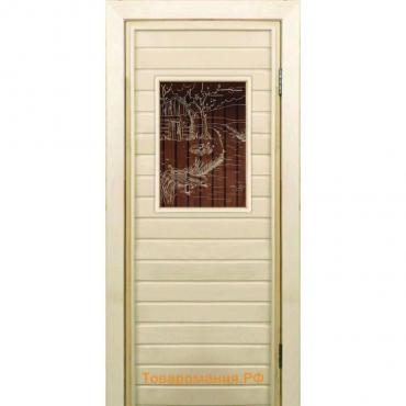 Дверь для бани со стеклом (40*60), "Банька у реки-1", бронза, 170×70см, коробка из осины