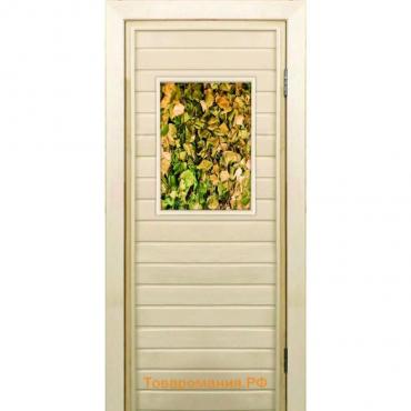 Дверь для бани со стеклом (40*60), "Веники для бани", 190×70см, коробка из осины