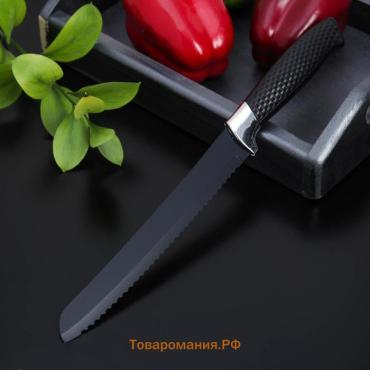 Нож кухонный с антиналипающим покрытием  «Супер-блэк», лезвие 20 см, хлебный, чёрный
