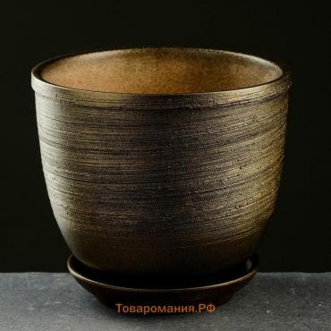 Горшок для цветов «Тёмное золото», керамический, с поддоном, 1.8 л, коричневый с золотой полосой