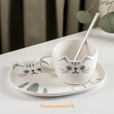 Чайная пара «Котик», 3 предмета: чашка 200 мл, блюдце 18.5×13.5 см, ложка, керамика