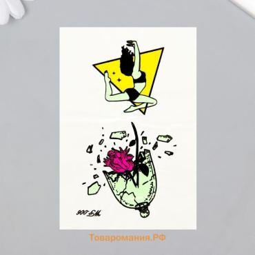 Переводные тату на тело светящиеся цветные «Девушка и роза в осколках», 14.3×7.5 см